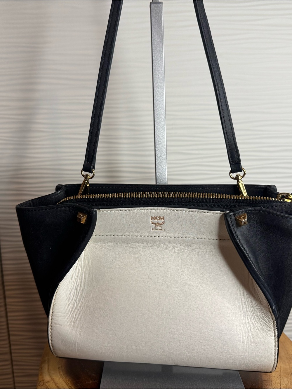 MCM Black & White Two-Tone Leather Shoulder Bag with Gold Hardware